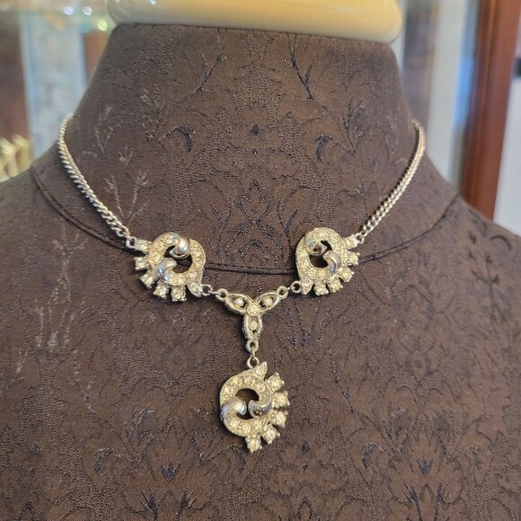 Vintage Rhinestone Crescent Pendant Necklace With Adjustable Chain - Picture 1 of 4